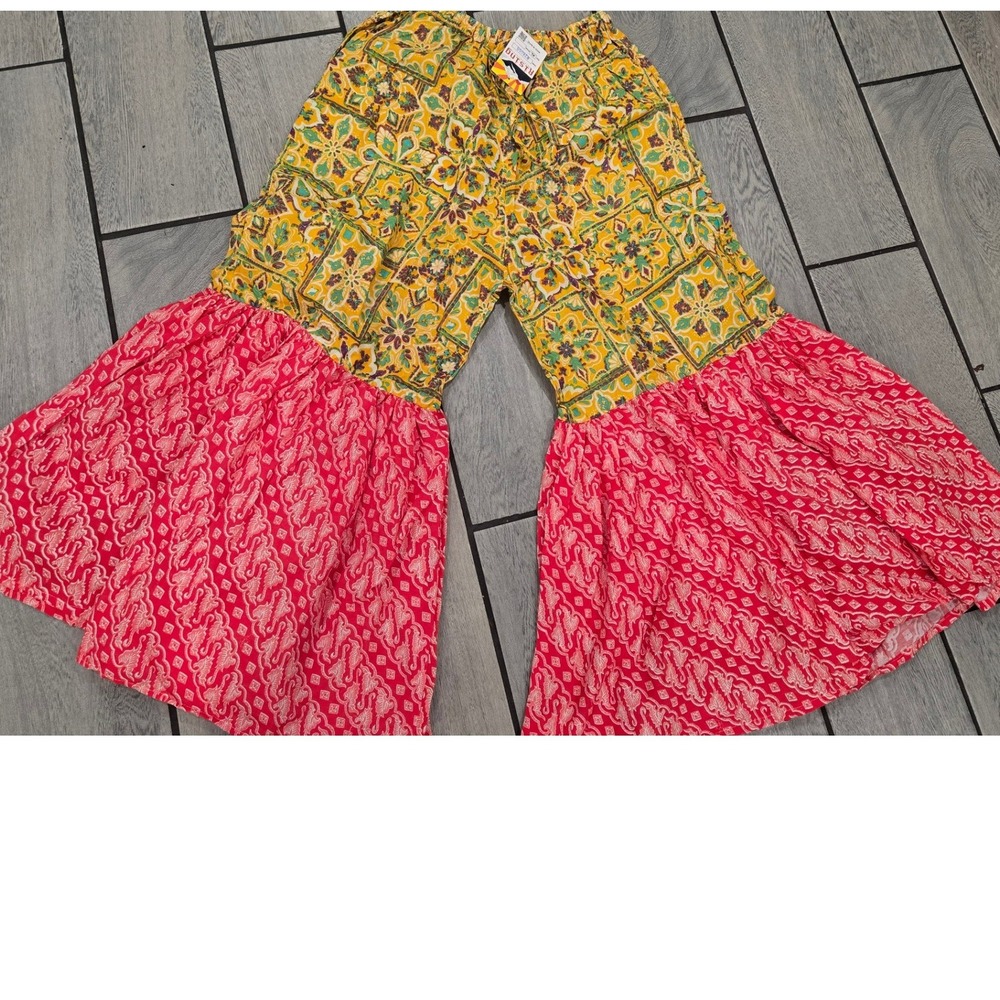 Rising International Boho Cotton Bell Bottom Pants Pink Yellow Batik Print XL